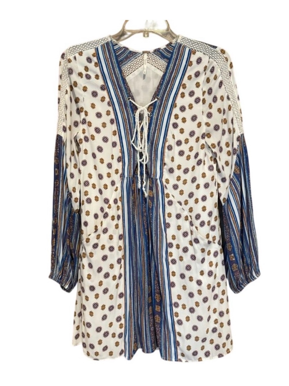 Free People-Boho Peasant Tunic Dress in Cream and Blue Sz XS VGUC - Picture 6 of 15
